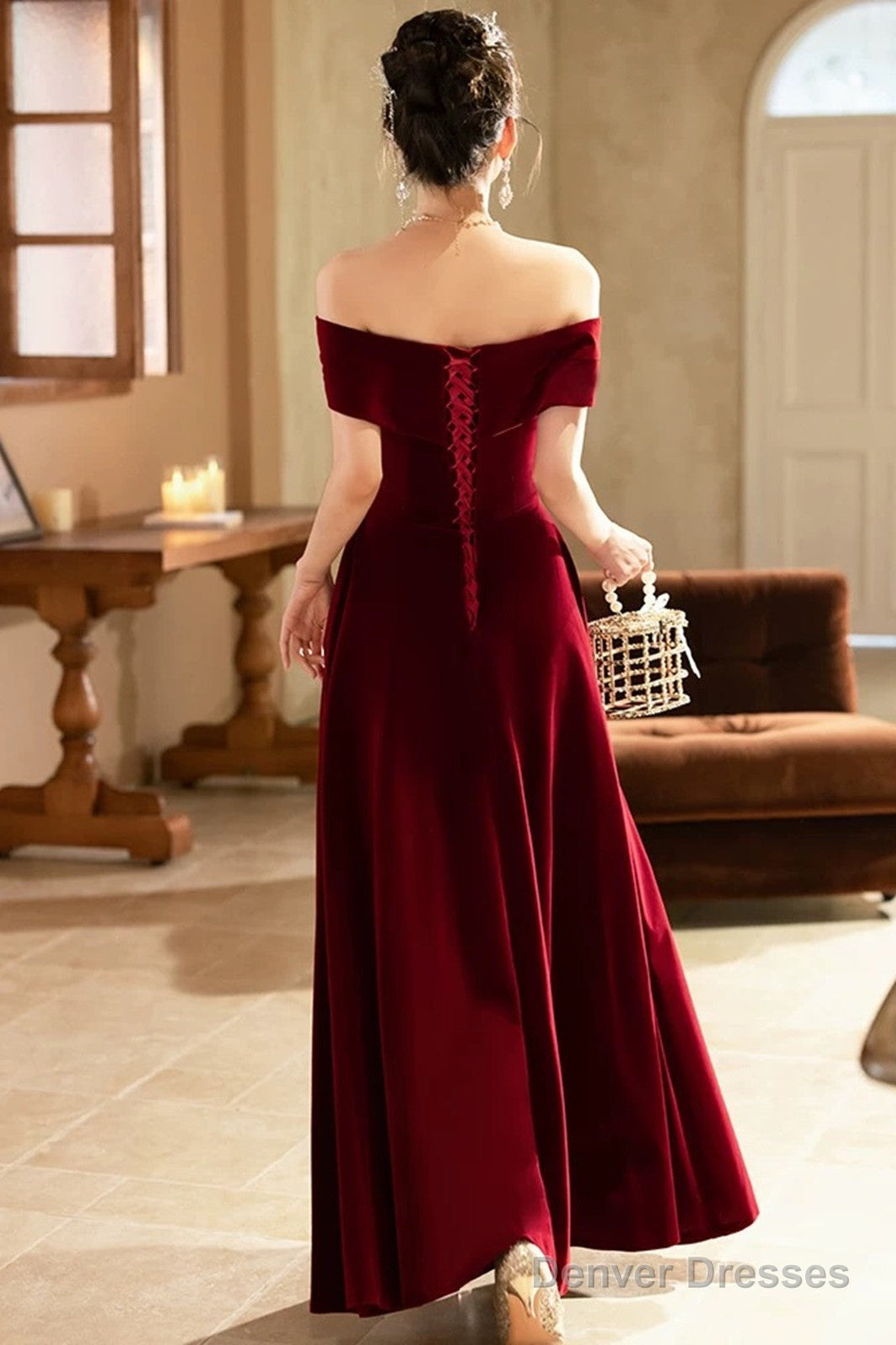 Lovely Wine Red Velvet A-Line Off Shoulder Party Dress, Wine Red Velvet Prom Dress