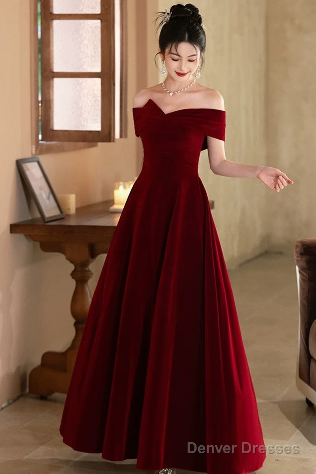 Lovely Wine Red Velvet A-Line Off Shoulder Party Dress, Wine Red Velvet Prom Dress