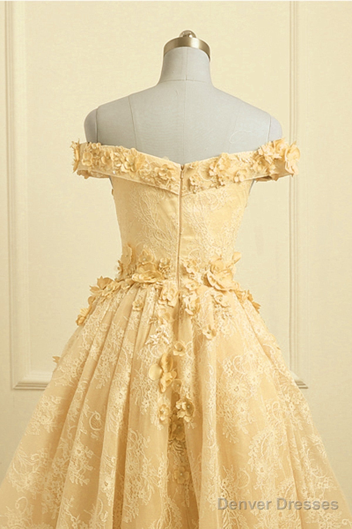 Lovely Yellow Off Shoulder Lace High Low Party Dress, Yellow Formal Dress Secondary image