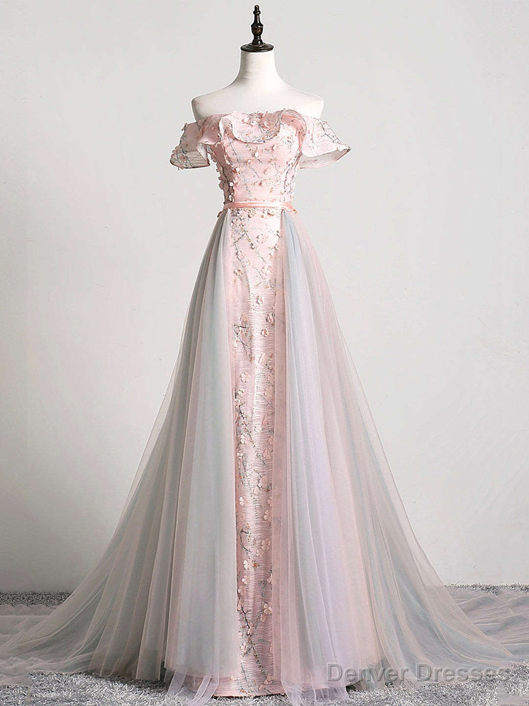 Lovely Tulle Applique Long Prom Dress, A-Line Evening Dress with Detachable Skirt Main image