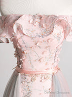 Lovely Tulle Applique Long Prom Dress, A-Line Evening Dress with Detachable Skirt