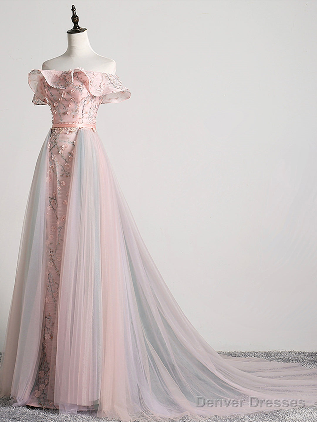 Lovely Tulle Applique Long Prom Dress, A-Line Evening Dress with Detachable Skirt Secondary image