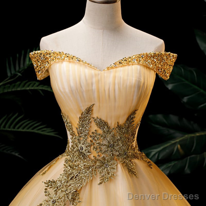 Lovey Champagne Beaded Ball Gown Sweet 16 Dress Long Prom Dresses prom dresses shops