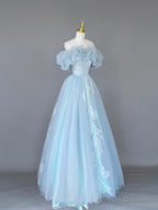 Light Blue Tulle Lace Long Prom Dress, Beautiful Off Shoulder Evening Party Dress