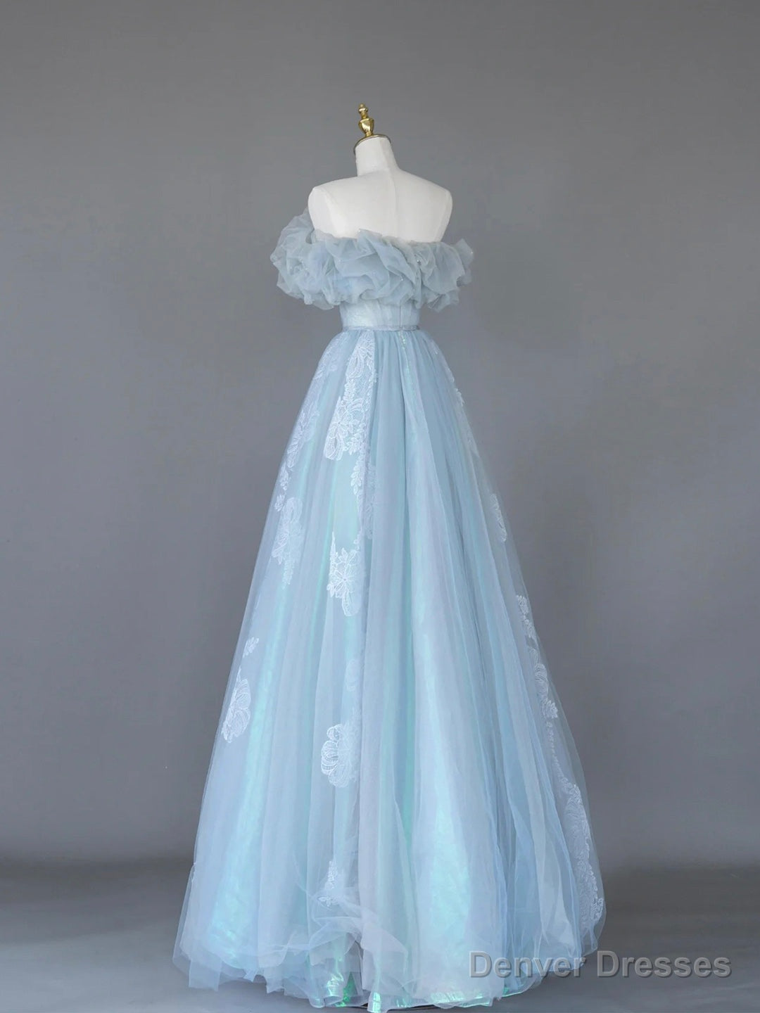 Light Blue Tulle Lace Long Prom Dress, Beautiful Off Shoulder Evening Party Dress Main image