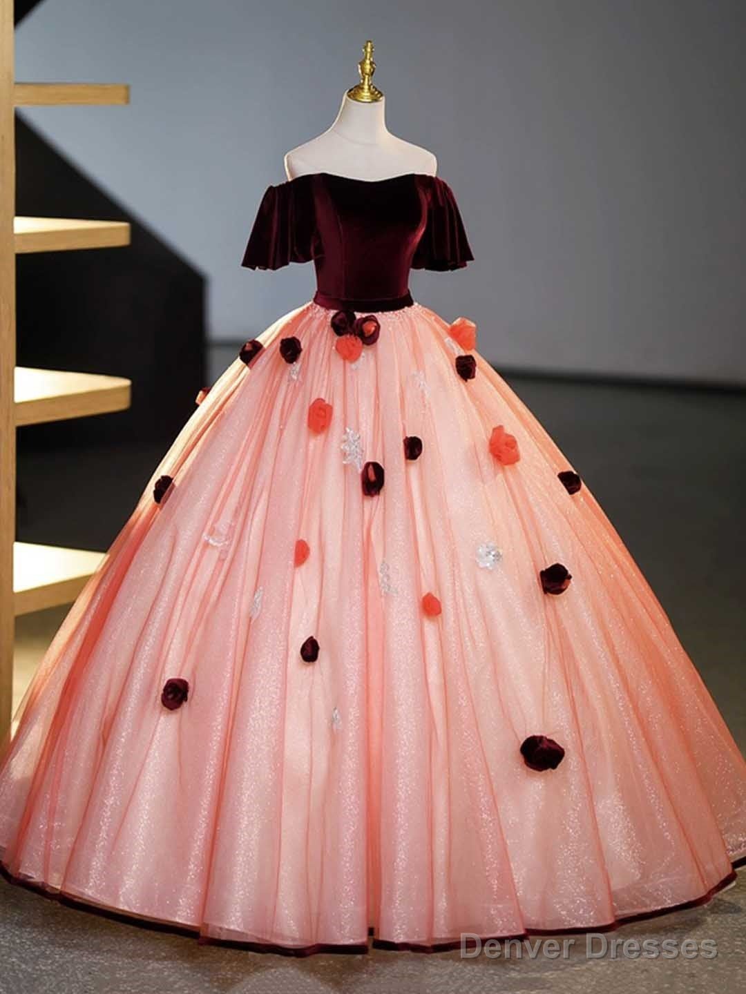 Burgundy Velvet Tulle Long Formal Dress, Off the Shoulder Sweet Flower Party Dress Main image