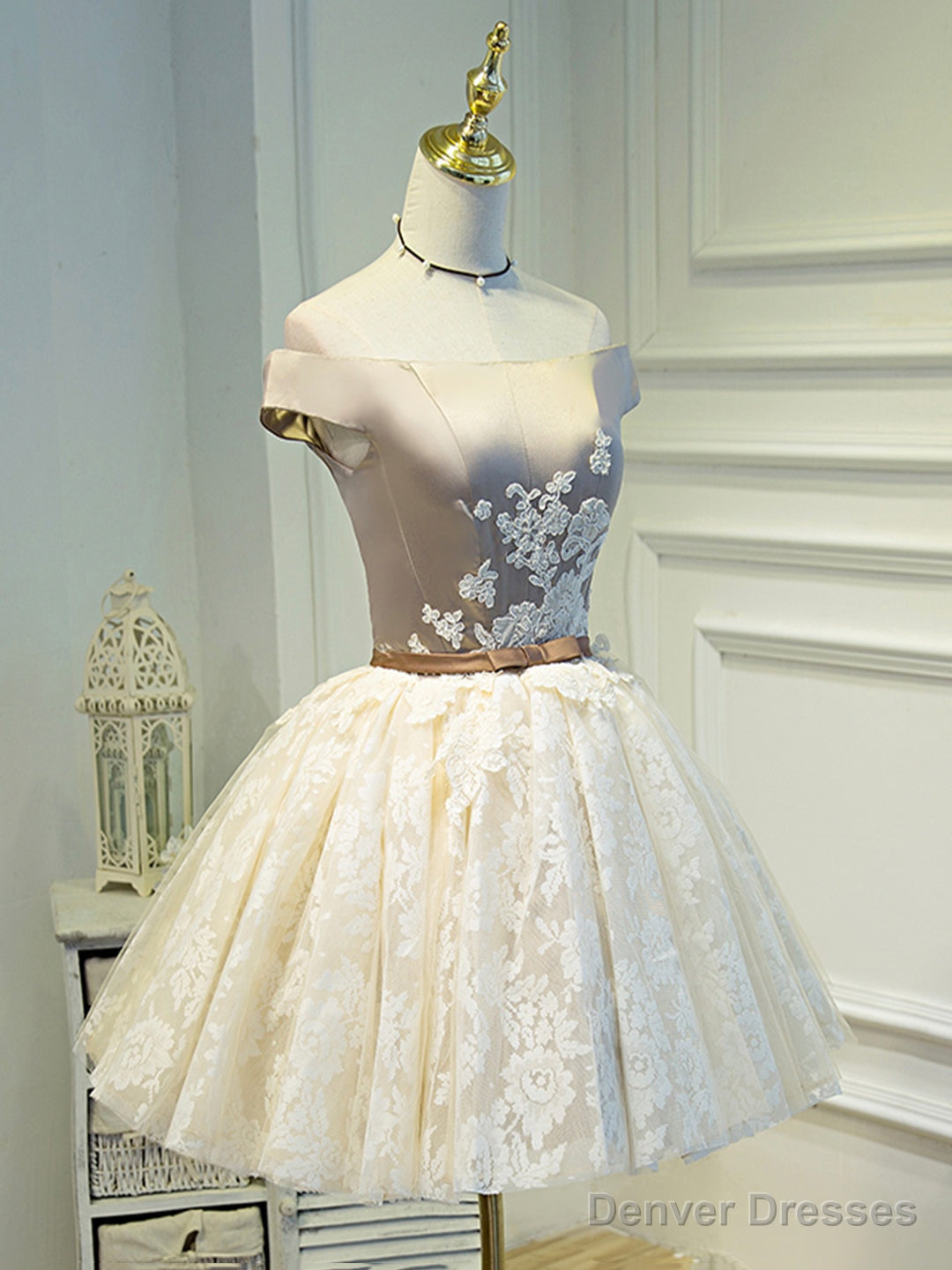 Champagne Tea Length Lace Party Dress, Off the Shoulder Evening Dress Secondary image