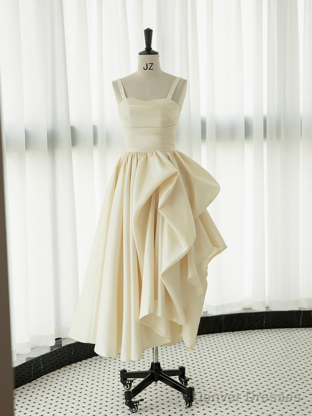 Irregular Champagne Tea Length Prom Dress, Simple A-Line Evening Party Dress