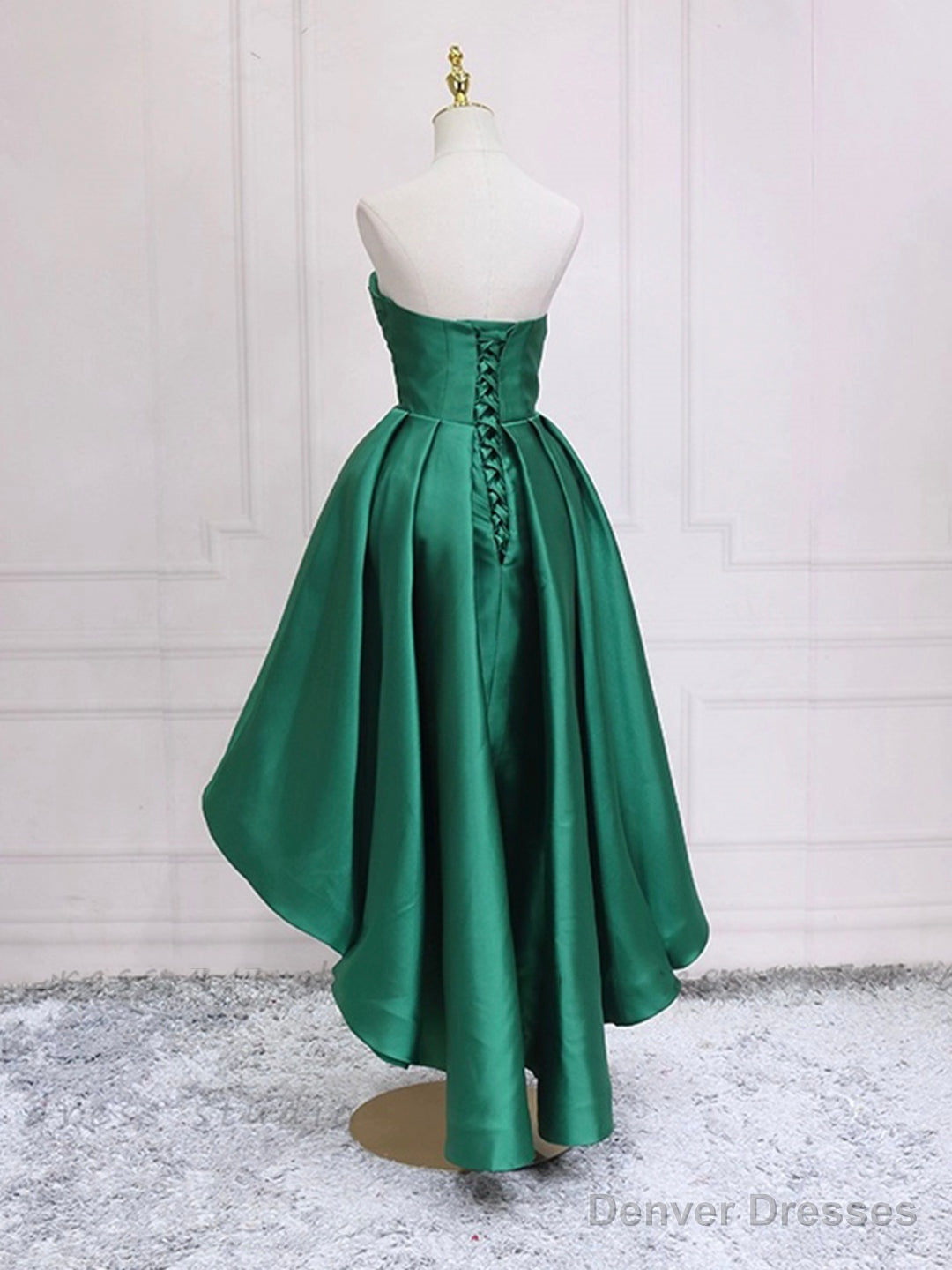 Green Satin High Low Party Dresses, Strapless Green Homecoming Dresses