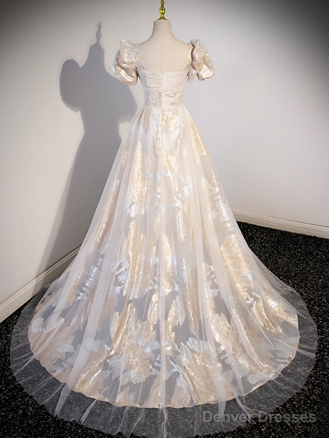 Champagne Tulle Long Formal Dresses, Champagne Short Sleeve Evening Dresses Secondary image