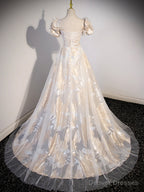 Champagne Tulle Long Formal Dresses, Champagne Short Sleeve Evening Dresses