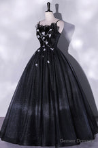 Black Tulle Long A-Line Evening Gown, Black Spaghetti Strap Evening Gown