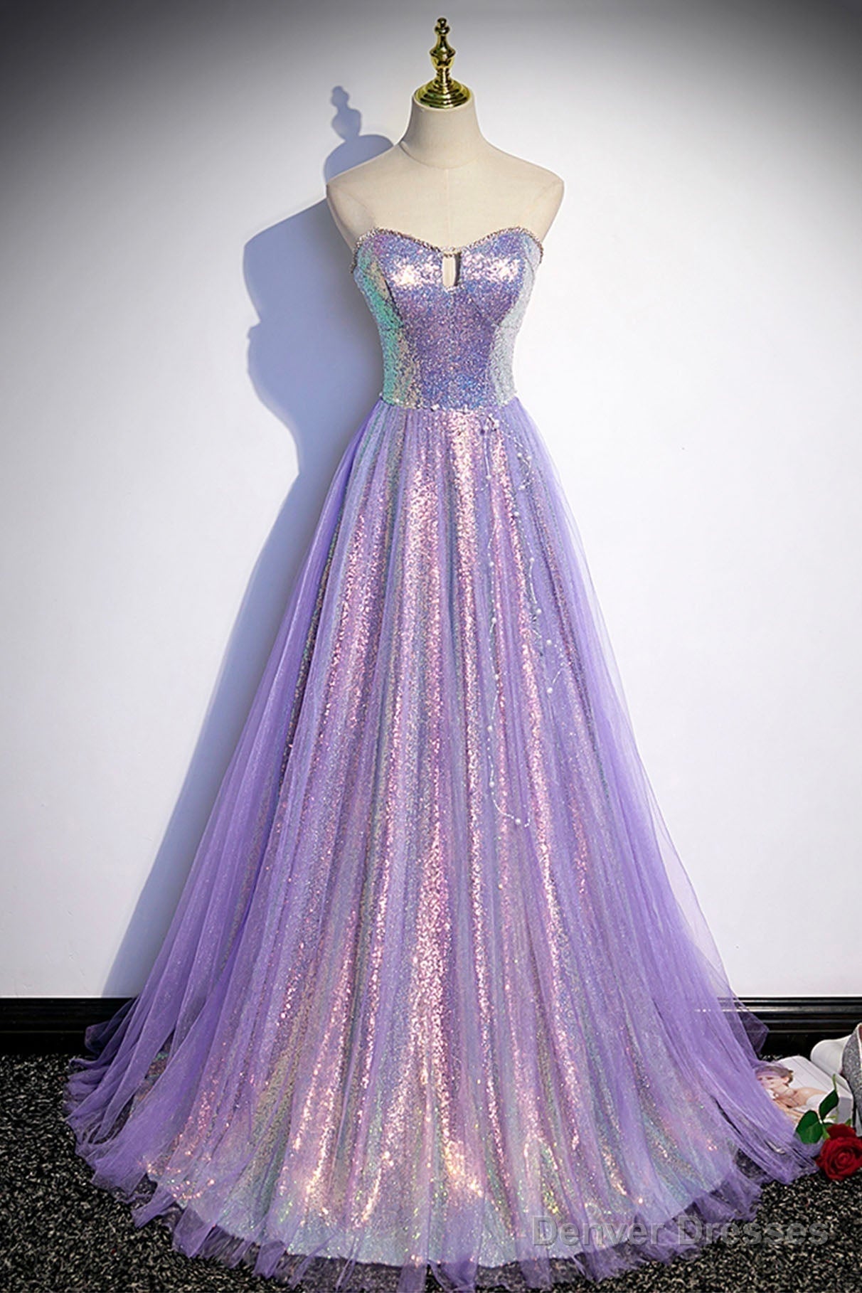 Purple Strapless Sequins Floor Length Prom Dress, A-Line Formal Dress Main image