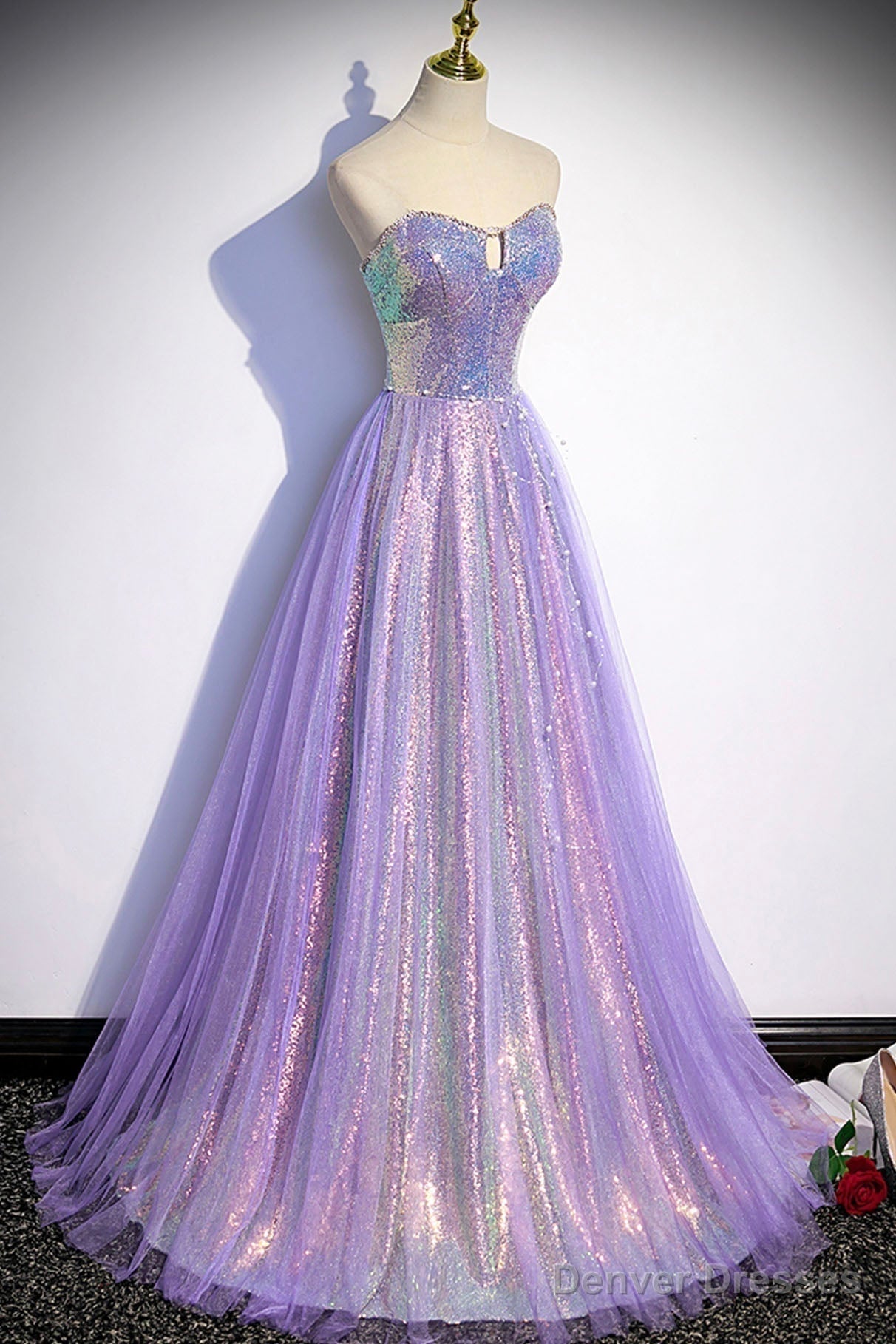 Purple Strapless Sequins Floor Length Prom Dress, A-Line Formal Dress