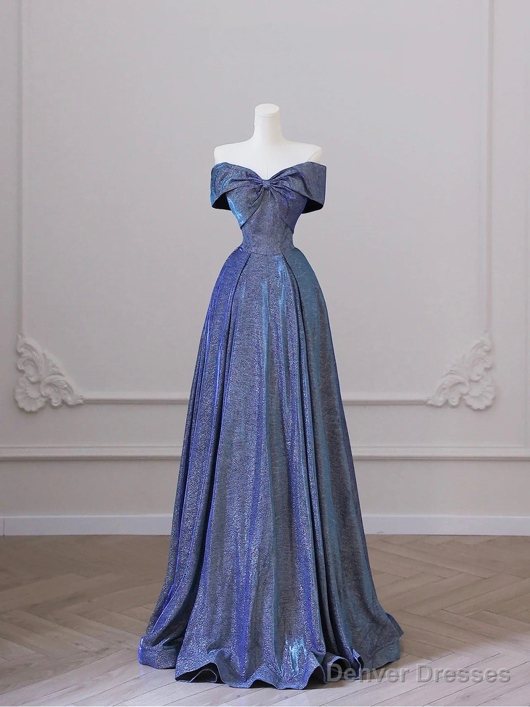 Shiny Off the Shoulder Floor Length Blue A-Line Prom Dress Main image