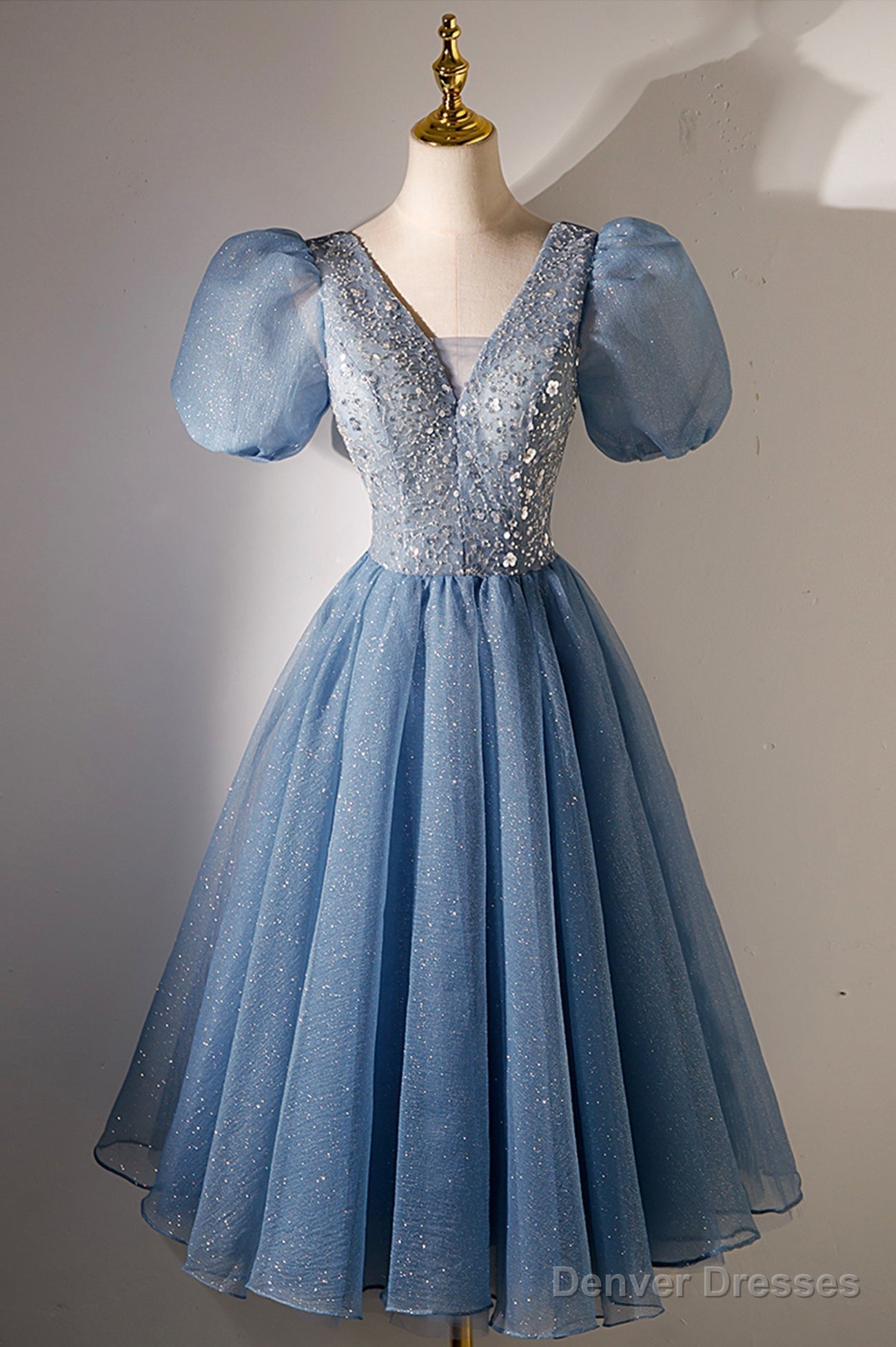 A-line V-neck Sequins Short Prom Dress, Blue Short Sleeve Evening Dress Main image