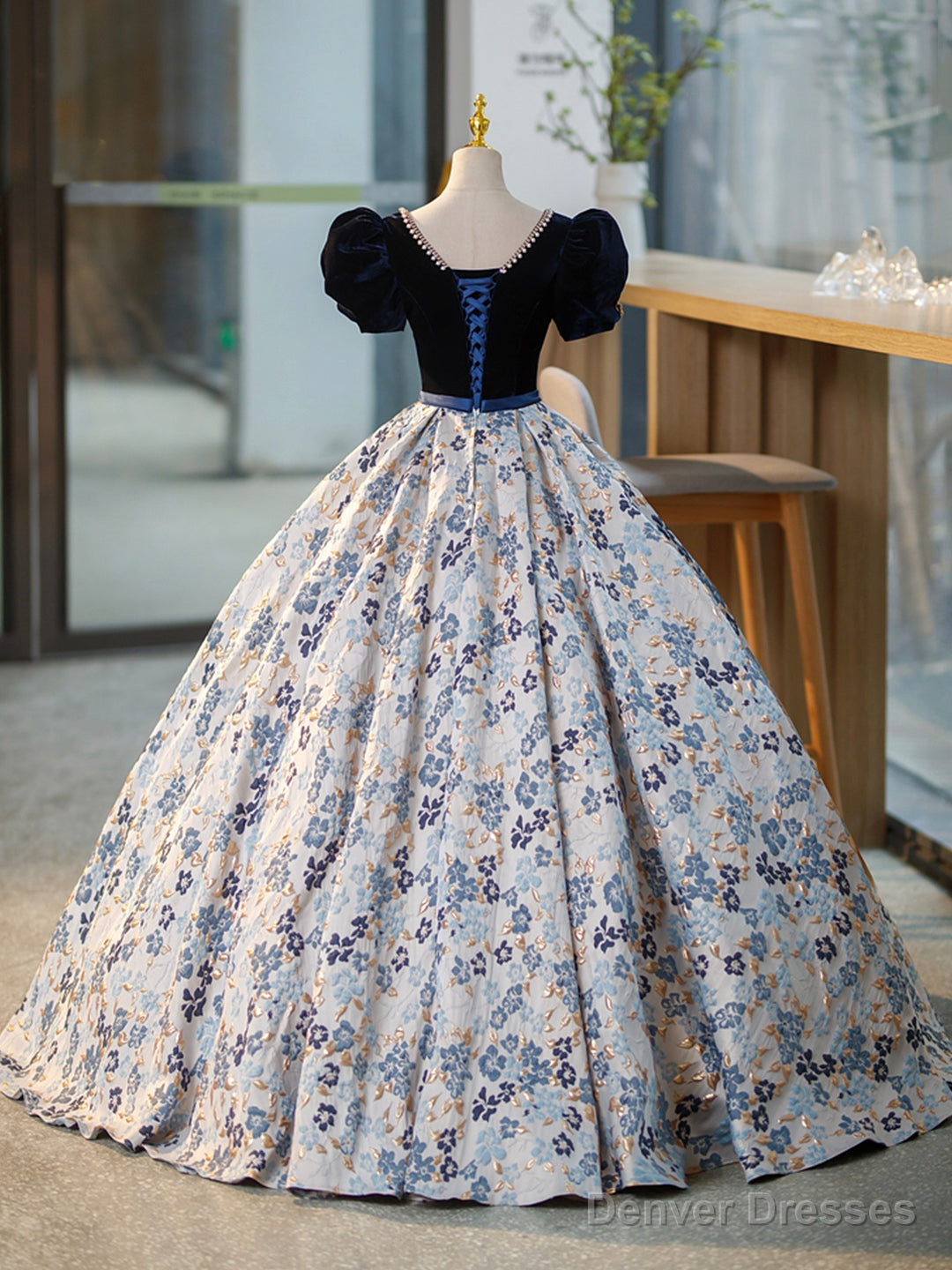 Blue V-Neck Short Sleeve Ball Gown, Blue A-Line Velvet Floor Length Evening Dress Main image