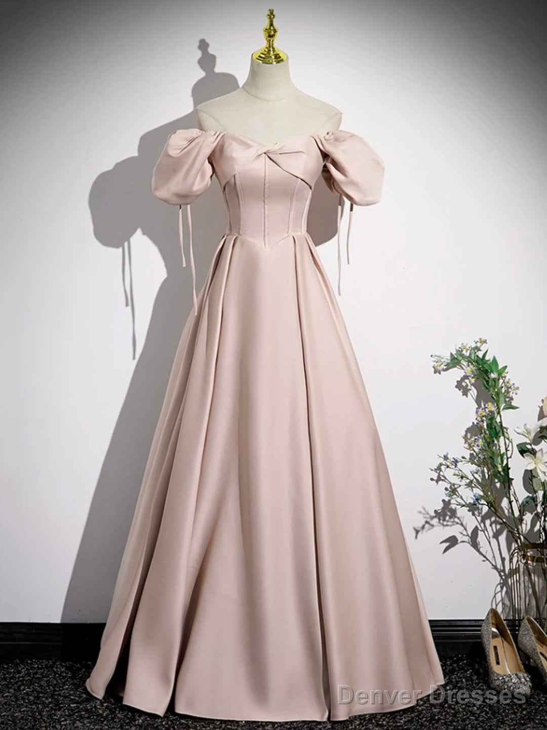 Pink Satin A-Line Floor Length Prom Dress, Off Shoulder Short Sleeve Evening Dress Main image