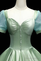 Green Satin Long A-Line Ball Gown, Green Short Sleeve Evening Gown