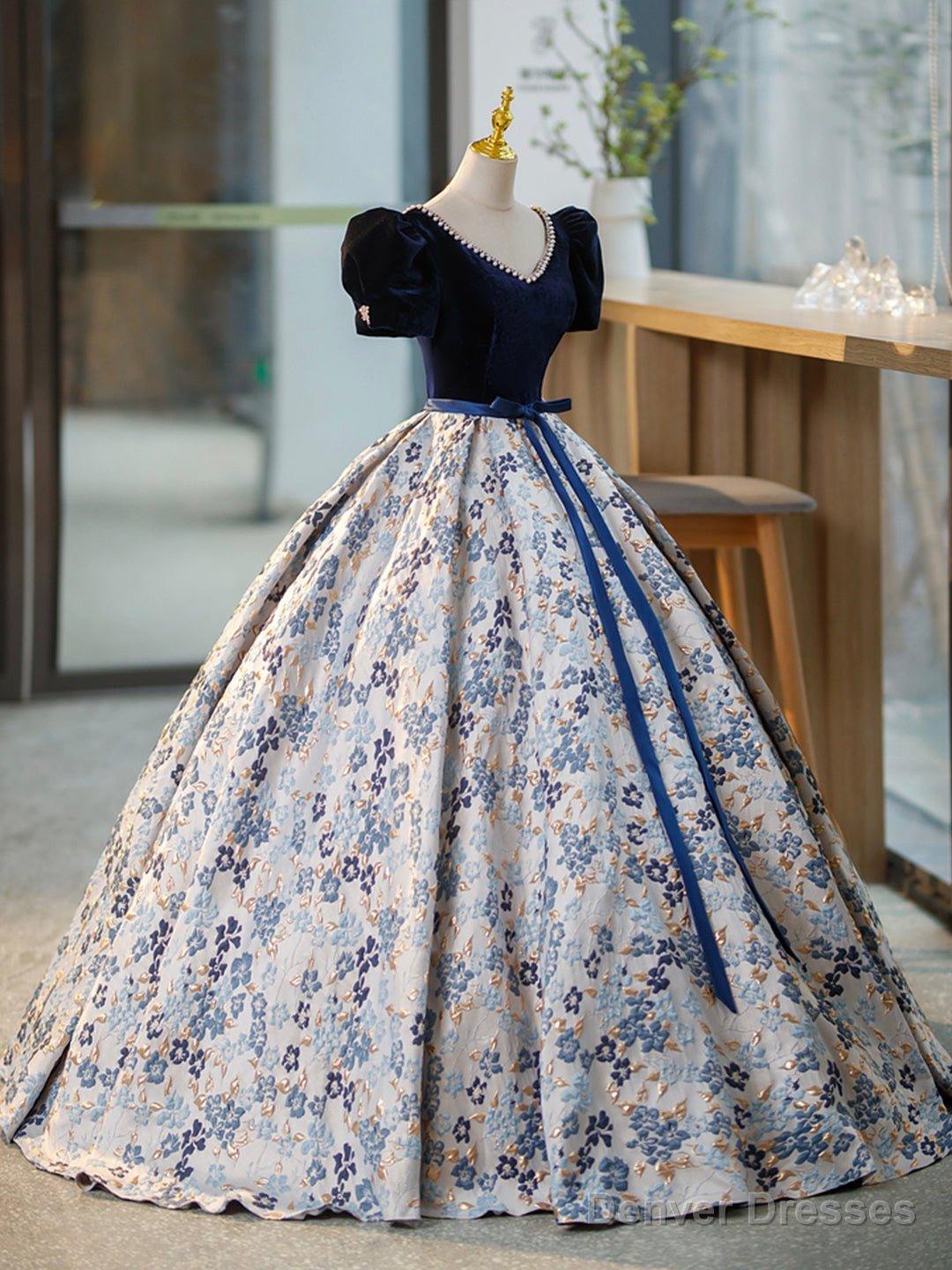 Blue V-Neck Short Sleeve Ball Gown, Blue A-Line Velvet Floor Length Evening Dress Secondary image