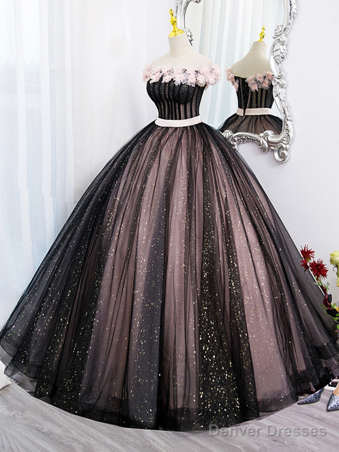 Black Tulle and Pink Flowers Party Dress, Black  Off Shoulder Sweet 16 Dress Main image