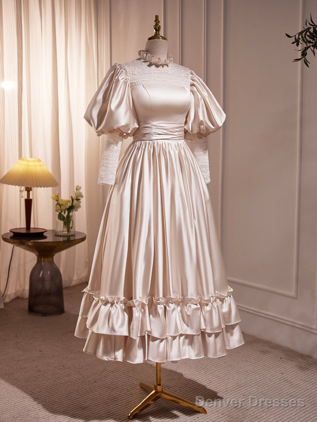 Champagne Satin Lace Long Sleeve Prom Dress, Champagne Evening Party Dress