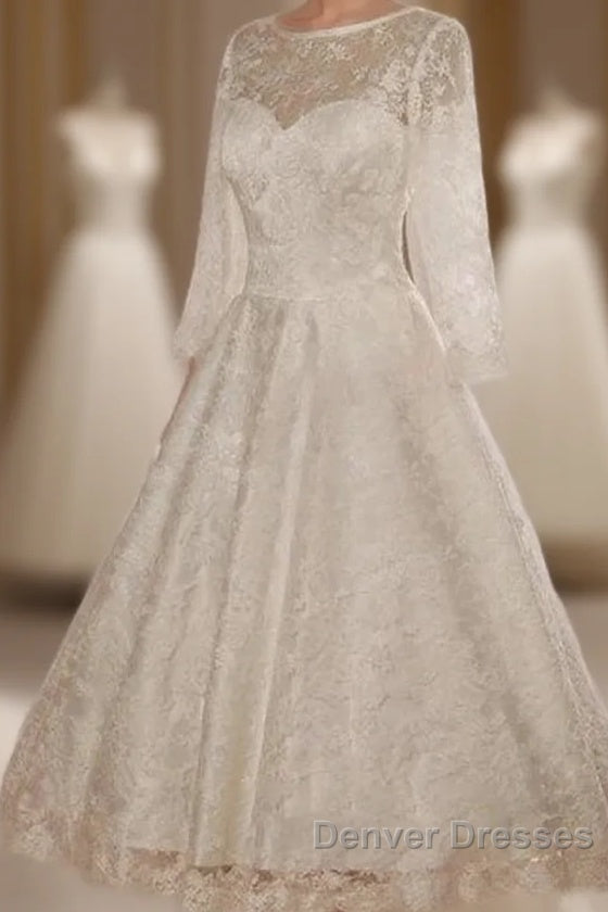 Low V Back Tea Length Lace Wedding Dress Main image