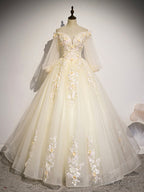 Champagne Tulle Lace Long Prom Dress, A-Line Off the Shoulder Long Sleeve Evening Dress