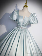 Beautiful Satin Floor Length Prom Dress, A-Line Short Sleeve Evening Party Dress