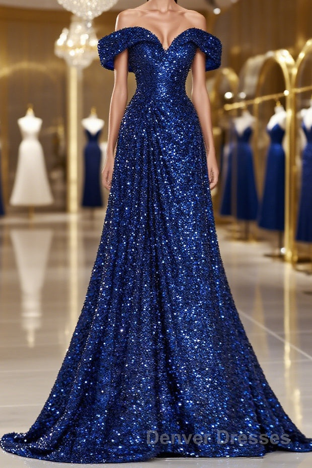 A-Line Evening Gown Elegant Dress Formal Wedding Guest Sweep / Brush Train Sleeveless Off Shoulder Sequined with Glitter Sequin Masquerade Dress Main image