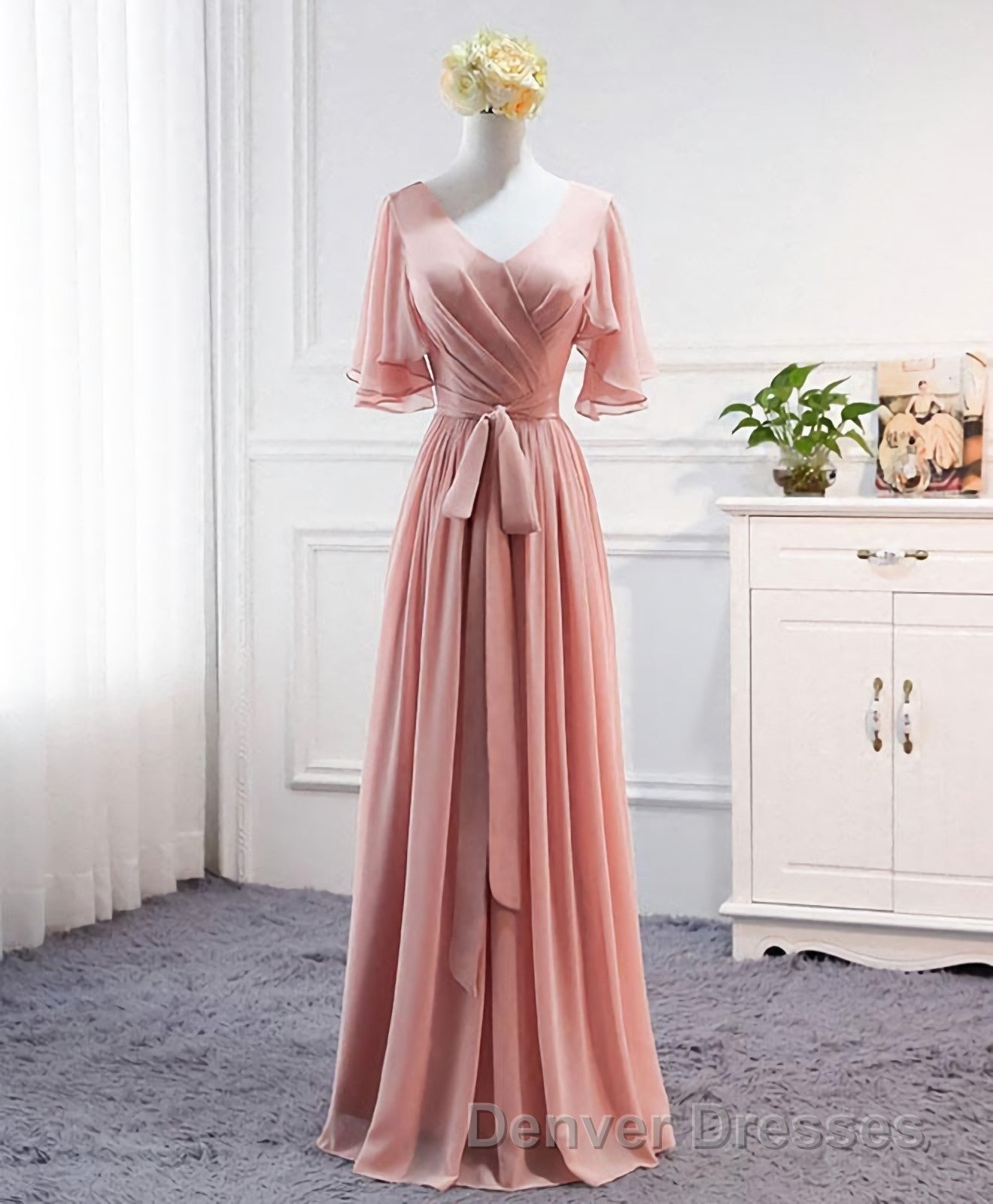 Simple V Neck Chiffon Long Prom Dress, Bridesmaid Dress Secondary image