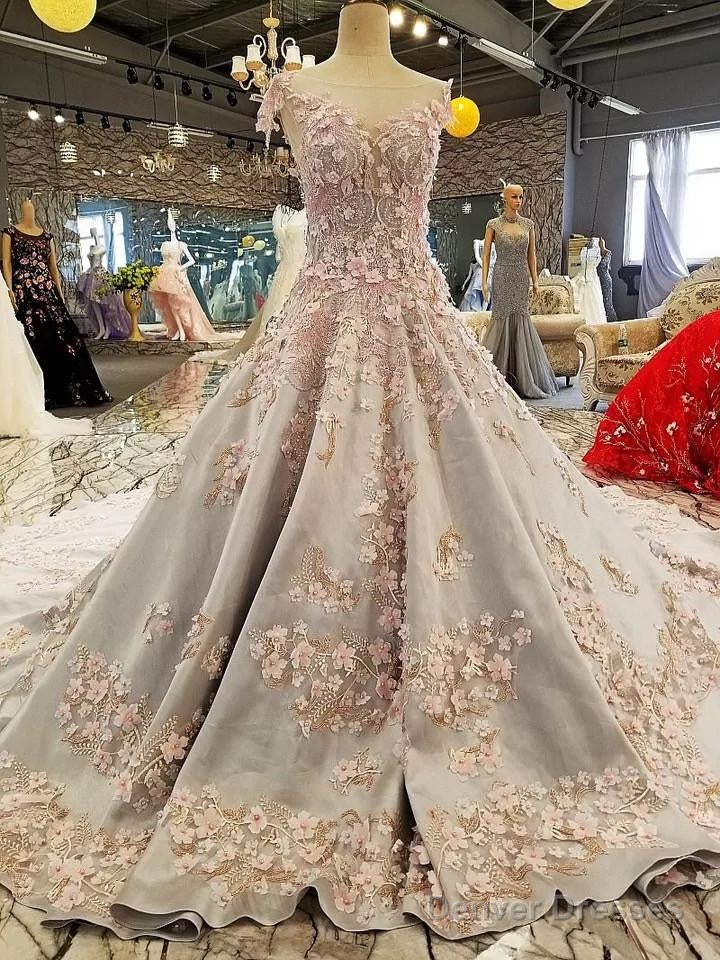 Luxurious 3D Lace Flowers Light Blue Satin Ball Gown Wedding Dresses