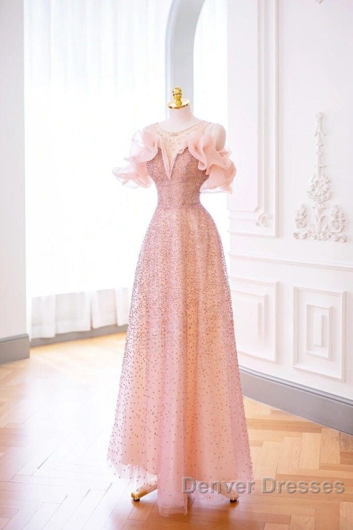 Luxurious A Line Off The Shoulder Pink Tulle Long Prom Dress Secondary image