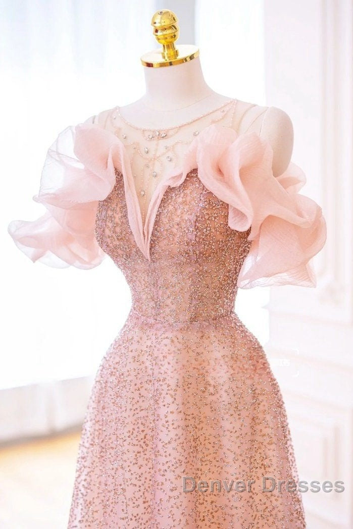 Luxurious A Line Off The Shoulder Pink Tulle Long Prom Dress