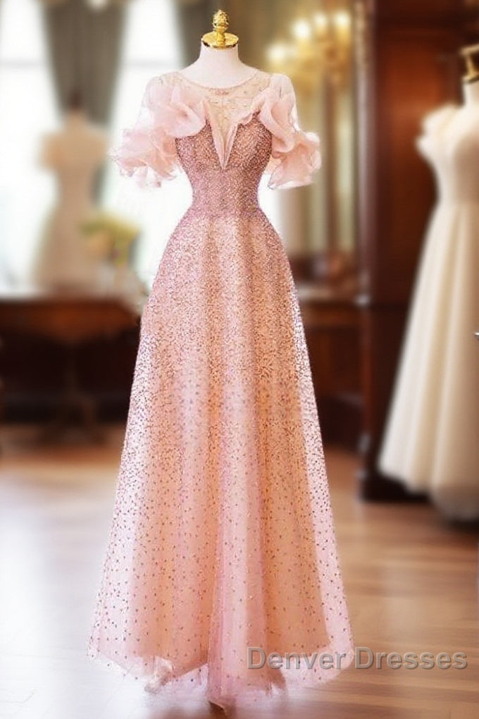 Luxurious A Line Off The Shoulder Pink Tulle Long Prom Dress