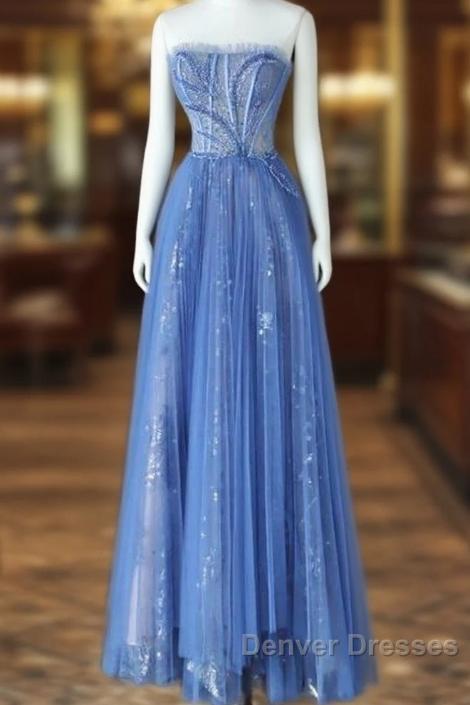 Luxurious A Line Strapless Blue Long Prom Dress Main image