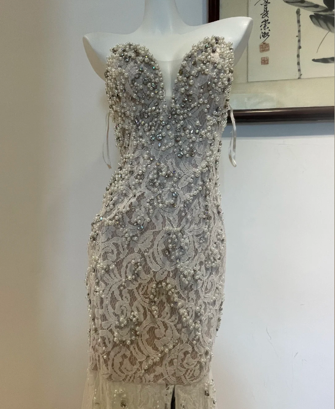 Luxurious And Elegant Sweetheart Neckline Pearl Rhinestone Lace Mermaid Long Prom Dress Evening Dress