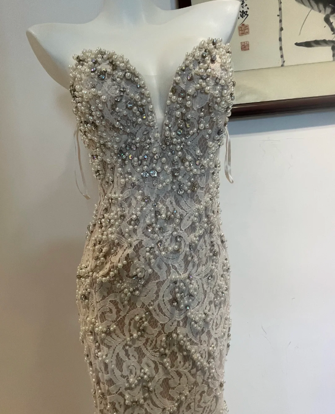 Luxurious And Elegant Sweetheart Neckline Pearl Rhinestone Lace Mermaid Long Prom Dress Evening Dress
