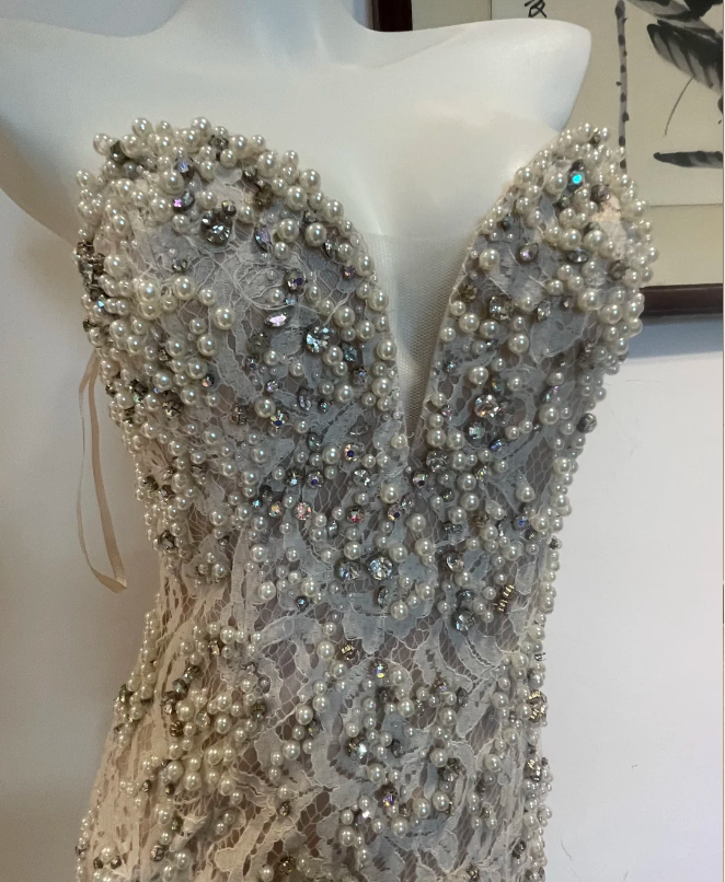 Luxurious And Elegant Sweetheart Neckline Pearl Rhinestone Lace Mermaid Long Prom Dress Evening Dress