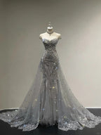 Luxurious And Sparkling Silver Mermaid Off-Shoulder Beaded Train Wedding Dress