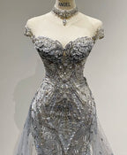 Luxurious And Sparkling Silver Mermaid Off-Shoulder Beaded Train Wedding Dress