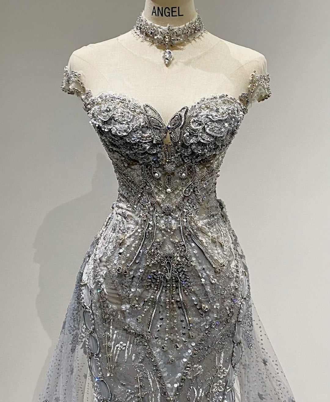 Luxurious And Sparkling Silver Mermaid Off-Shoulder Beaded Train Wedding Dress