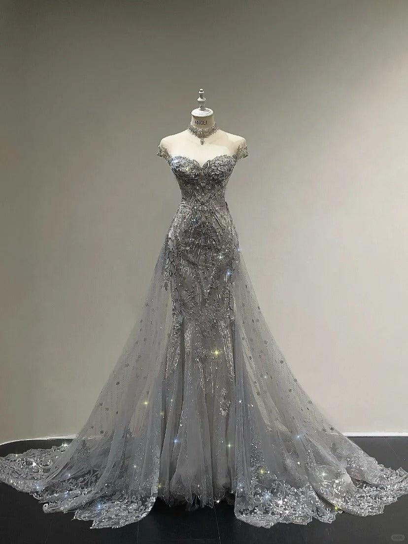 Luxurious And Sparkling Silver Mermaid Off-Shoulder Beaded Train Wedding Dress Main image