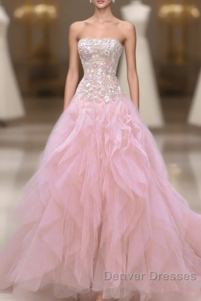 Luxurious Ball Gown Strapless Pink Tulle Long Prom Dress