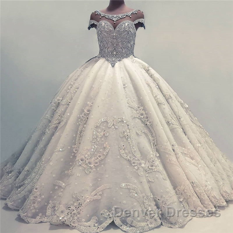 Luxurious Ball Gown Wedding Dress Shiny Crystals Bridal Gowns with Flowers
