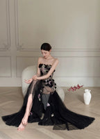 Luxurious Black A-Line 3D Floral Sequin Strapless Tulle Long Prom Dress Evening Dress