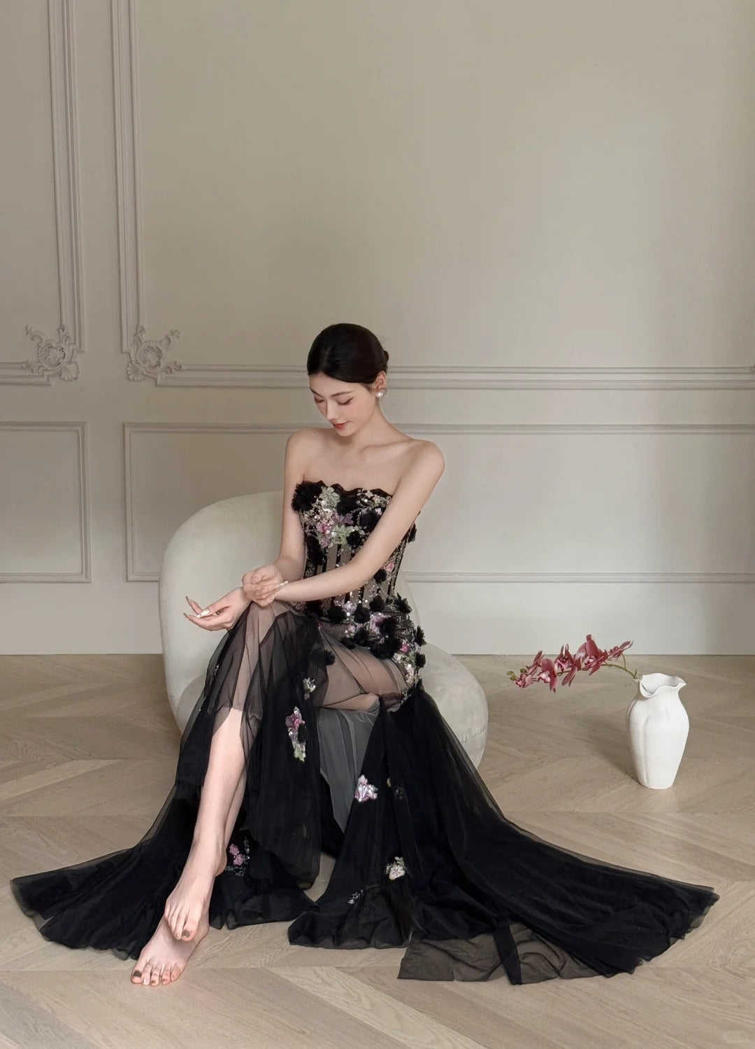 Luxurious Black A-Line 3D Floral Sequin Strapless Tulle Long Prom Dress Evening Dress