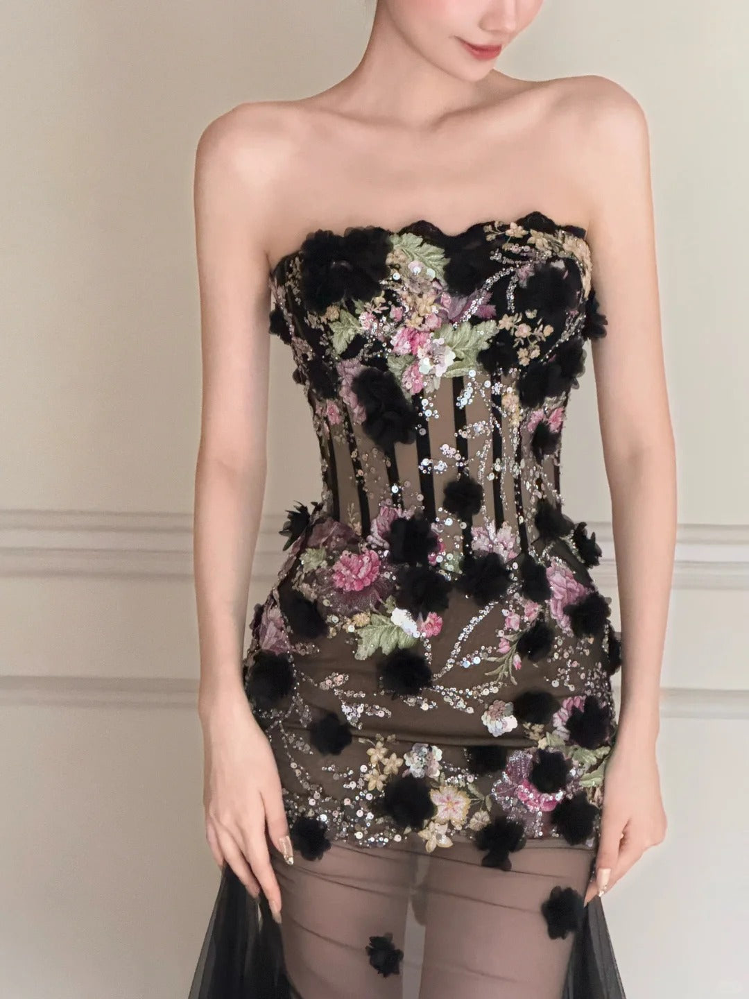 Luxurious Black A-Line 3D Floral Sequin Strapless Tulle Long Prom Dress Evening Dress
