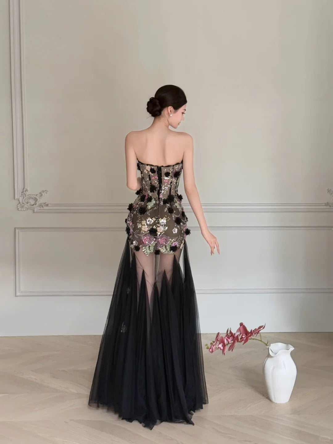 Luxurious Black A-Line 3D Floral Sequin Strapless Tulle Long Prom Dress Evening Dress