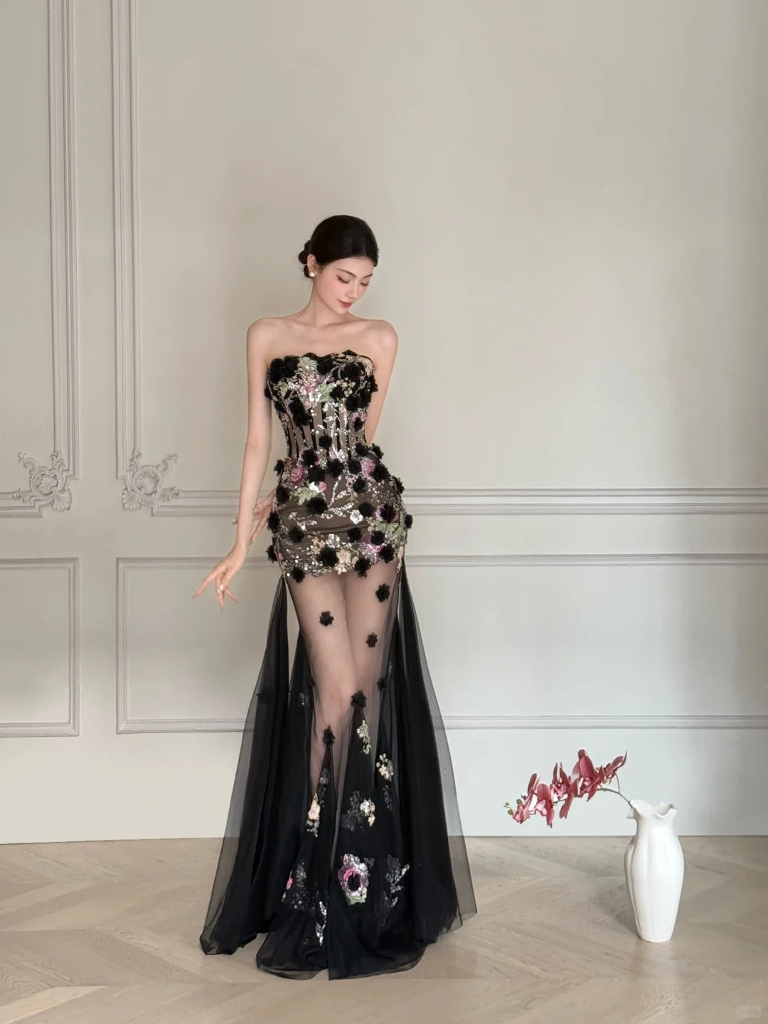 Luxurious Black A-Line 3D Floral Sequin Strapless Tulle Long Prom Dress Evening Dress